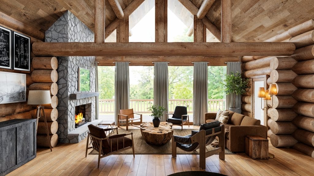 Log home living room interior design by Decorilla