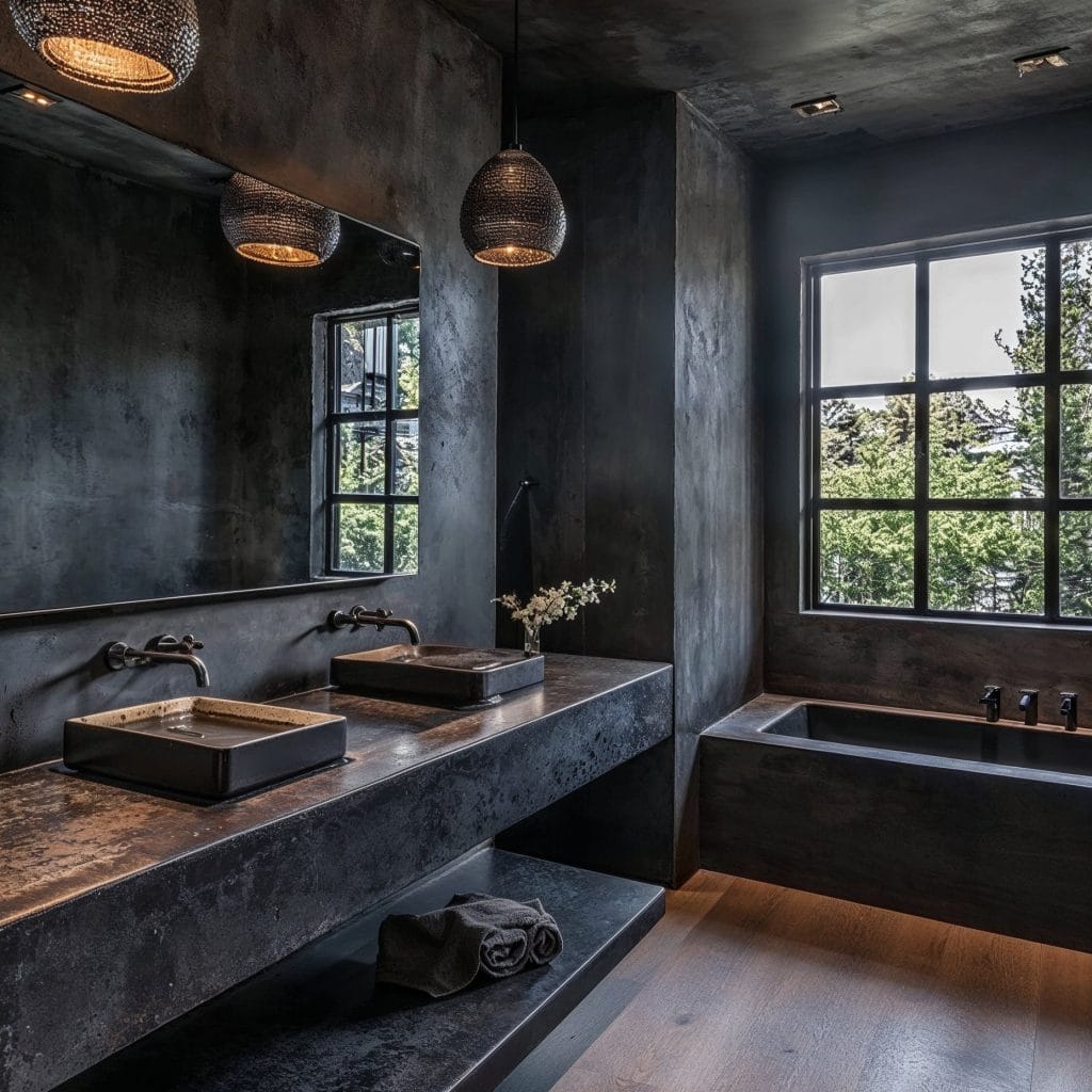 Modern moody bathroom design by Decorilla, blending moto boho and industrial accents