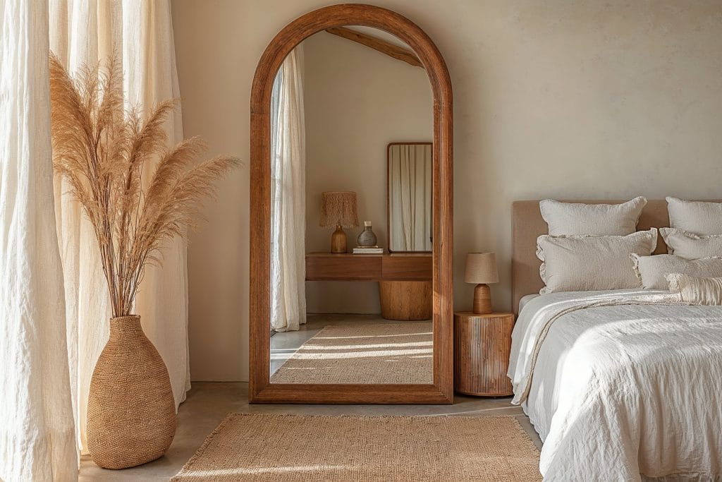 Modern organic bedroom with large floor mirror by DECORILLA