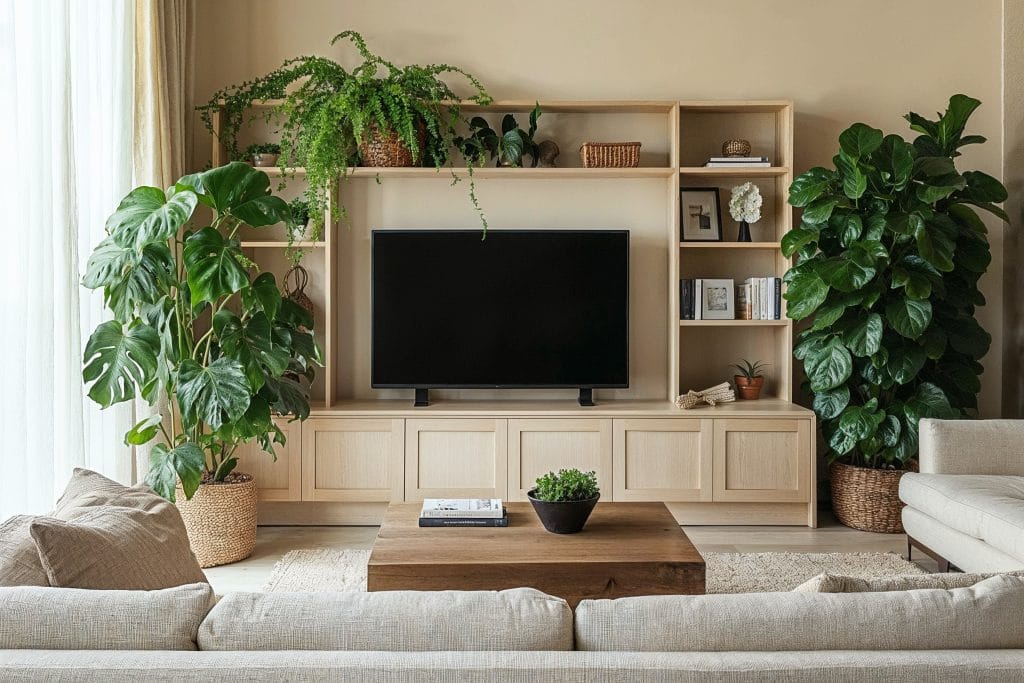 Modern organic decorating around a TV by Decorilla