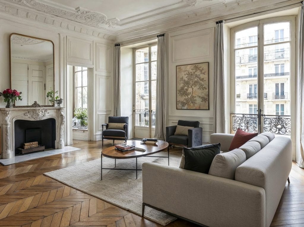 Parisian modern living room with a large mirror by DECORILLA