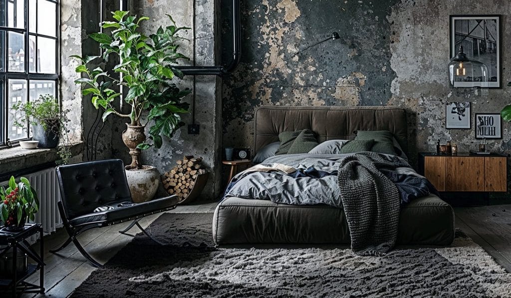 Rugged, biophilic moto boho bedroom by Decorilla