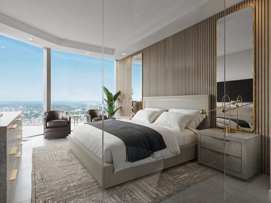 Thoughtful symmetry and rich materials in Miami bedroom interior design by Decorilla